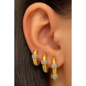 Altın Renk Taş Detaylı 3lü YSX Halka Küpe Set