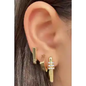 Altın Renk Taş Detaylı 3lü YSX Küpe Set