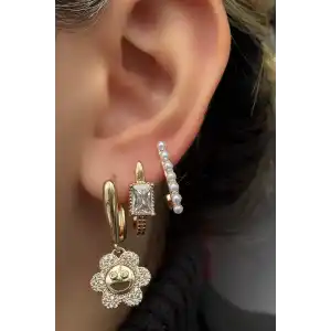 Altın Renk Taş Detaylı 3lü YSX Küpe Set