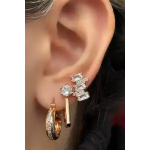 Altın Renk Taş Detaylı 3lü YSX Küpe Set