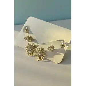 Altın Renk Taş Detaylı 6lı Küpe Set