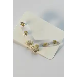 Altın Renk Taş Detaylı 6lı Küpe Set