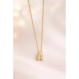 Altın Renk Taş Detaylı A Harfli Mini Çelik Kolye