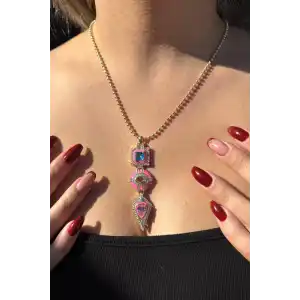 Altın Renk Taş Detaylı Altın Kaplama VİP Kolye