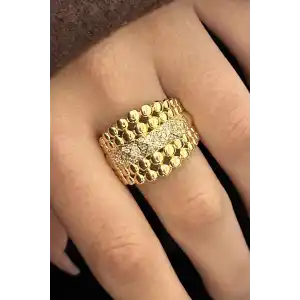 Altın Renk Taş Detaylı Ayarlanabilir Çelik Yüzük