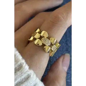 Altın Renk Taş Detaylı Ayarlanabilir Çelik Yüzük