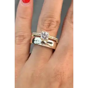 Altın Renk Taş Detaylı Ayarlanabilir Yüzük