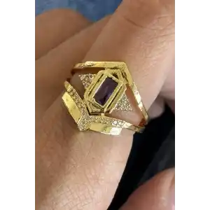 Altın Renk Taş Detaylı Ayarlanabilir Yüzük