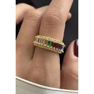 Altın Renk Taş Detaylı Ayarlanabilir Çelik Yüzük