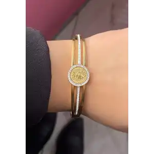 Altın Renk Taş Detaylı Çelik Kelepçe Bileklik