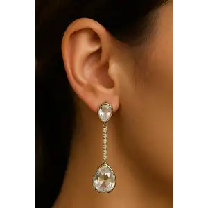 Altın Renk Taş Detaylı Çelik Küpe (Çift)