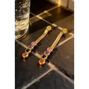 Altın Renk Taş Detaylı Çelik Küpe (Çift)