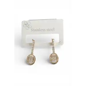 Altın Renk Taş Detaylı Çelik Küpe (Çift)