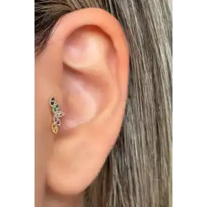 Altın Renk Taş Detaylı Çelik Tragus/Kıkırdak Küpe/Piercing (Tek)