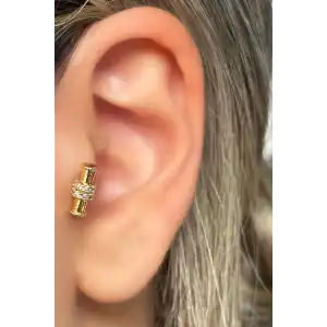 Altın Renk Taş Detaylı Çelik Tragus/Kıkırdak Küpe/Piercing (Tek)