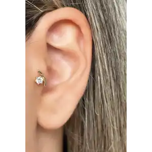 Altın Renk Taş Detaylı Çelik Tragus/Kıkırdak Küpe/Piercing (Tek)