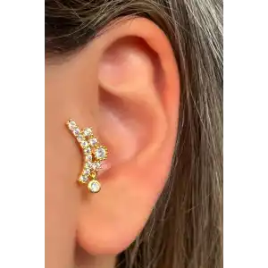 Altın Renk Taş Detaylı Çelik Tragus/Kıkırdak Küpe/Piercing (Tek)