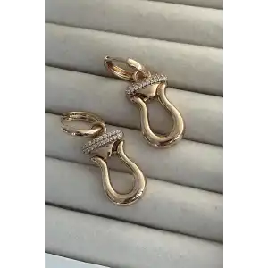 Altın Renk Taş Detaylı Çelik Xupıng Küpe (Çift)