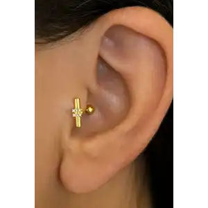 Altın Renk Taş Detaylı Cerrahi Çelik Tragus/Kıkırdak Küpe/Piercing (Tek)