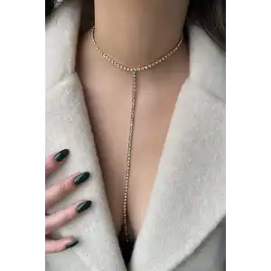 Altın Renk Taş Detaylı Choker Kolye/ Vücut Aksesuarı