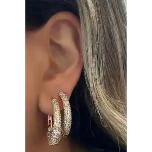 Altın Renk Taş Detaylı Halka Çelik Xuping Küpe (Çift)