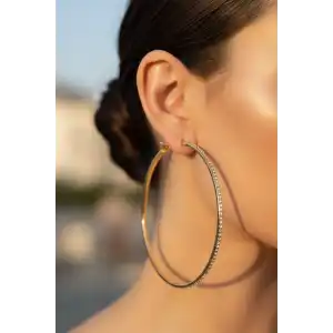 Altın Renk Taş Detaylı Halka Küpe (Çift)