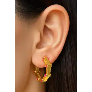 Altın Renk Taş Detaylı Halka YSX Küpe (Çift)