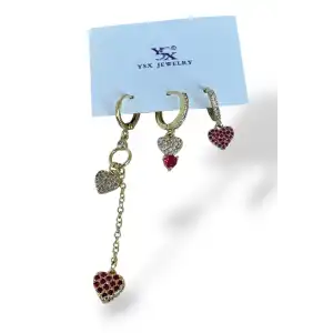 Altın Renk Taş Detaylı Kalp Figürlü Taş Detaylı 6lı YSX Küpe Set