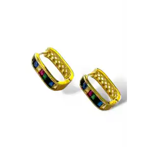 Altın Renk Taş Detaylı Kare Küpe (Çift)