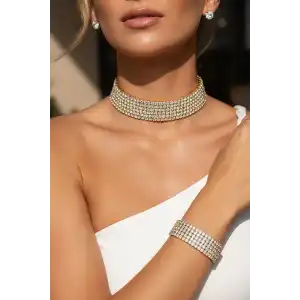 Altın Renk Taş Detaylı Kolye /Küpe ve Bileklik Set