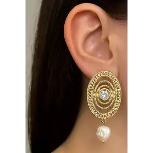 Altın Renk Taş Detaylı Küpe (Çift)