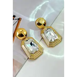 Altın Renk Taş Detaylı Küpe (Çift)