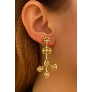 Altın Renk Taş Detaylı Küpe (Çift)