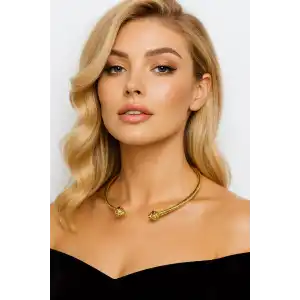 Altın Renk Taş Detaylı Metal Choker Kolye