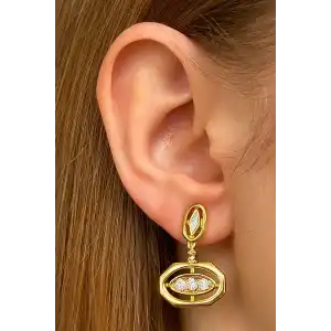 Altın Renk Taş Detaylı Metal Küpe (Çift)