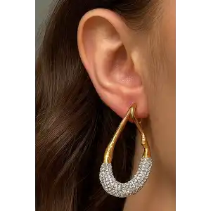 Altın Renk Taş Detaylı Metal Küpe (Çift)