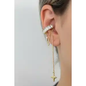 Altın Renk Taş Detaylı Sallantılı 14K Altın Kaplama TX Ear Cuff (Tek)