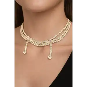 Altın Renk Taş Detaylı Tasarım Abiye Kolye