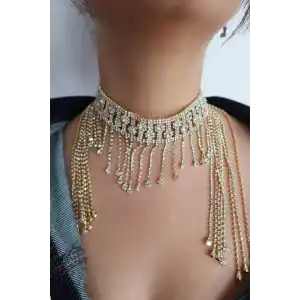 Altın Renk Taş Detaylı Tasarım Choker Kolye