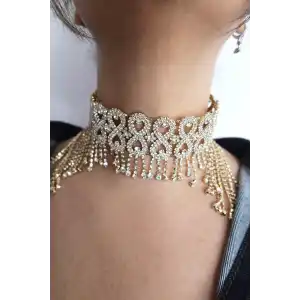Altın Renk Taş Detaylı Tasarım Choker Kolye
