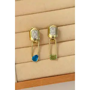 Altın Renk Taş Detaylı Tasarım Küpe (Çift)