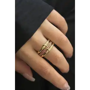 Altın Renk Taş Detaylı Üçlü Yüzük