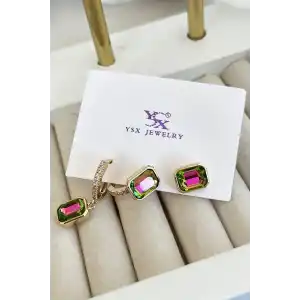 Altın Renk Taş Detaylı VİP 3lü YSX Küpe Set