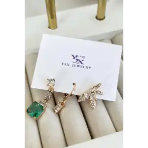 Altın Renk Taş Detaylı VİP 3lü YSX Küpe Set