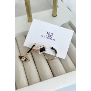 Altın Renk Taş Detaylı VİP 3lü YSX Küpe Set