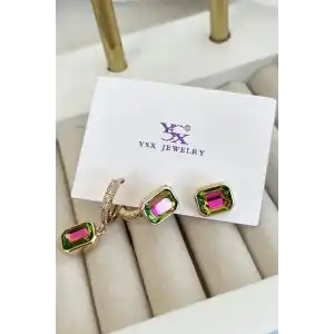 Altın Renk Taş Detaylı VİP 3lü YSX Küpe Set