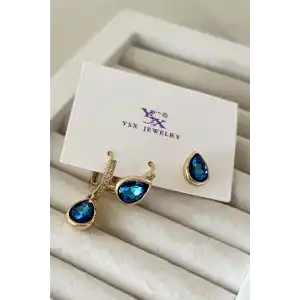 Altın Renk Taş Detaylı VİP 3lü YSX Küpe Set