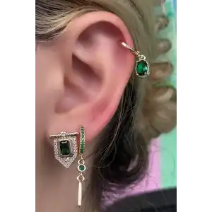 Altın Renk Taş Detaylı VİP 3lü YSX Küpe Set