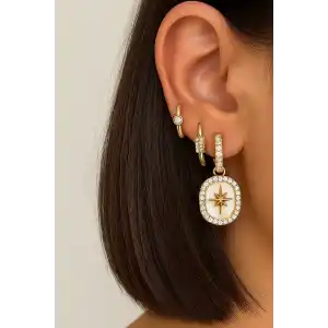 Altın Renk Taş Detaylı VİP 3lü YSX Küpe Set