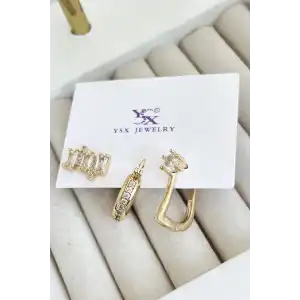 Altın Renk Taş Detaylı VİP 3lü YSX Küpe Set
